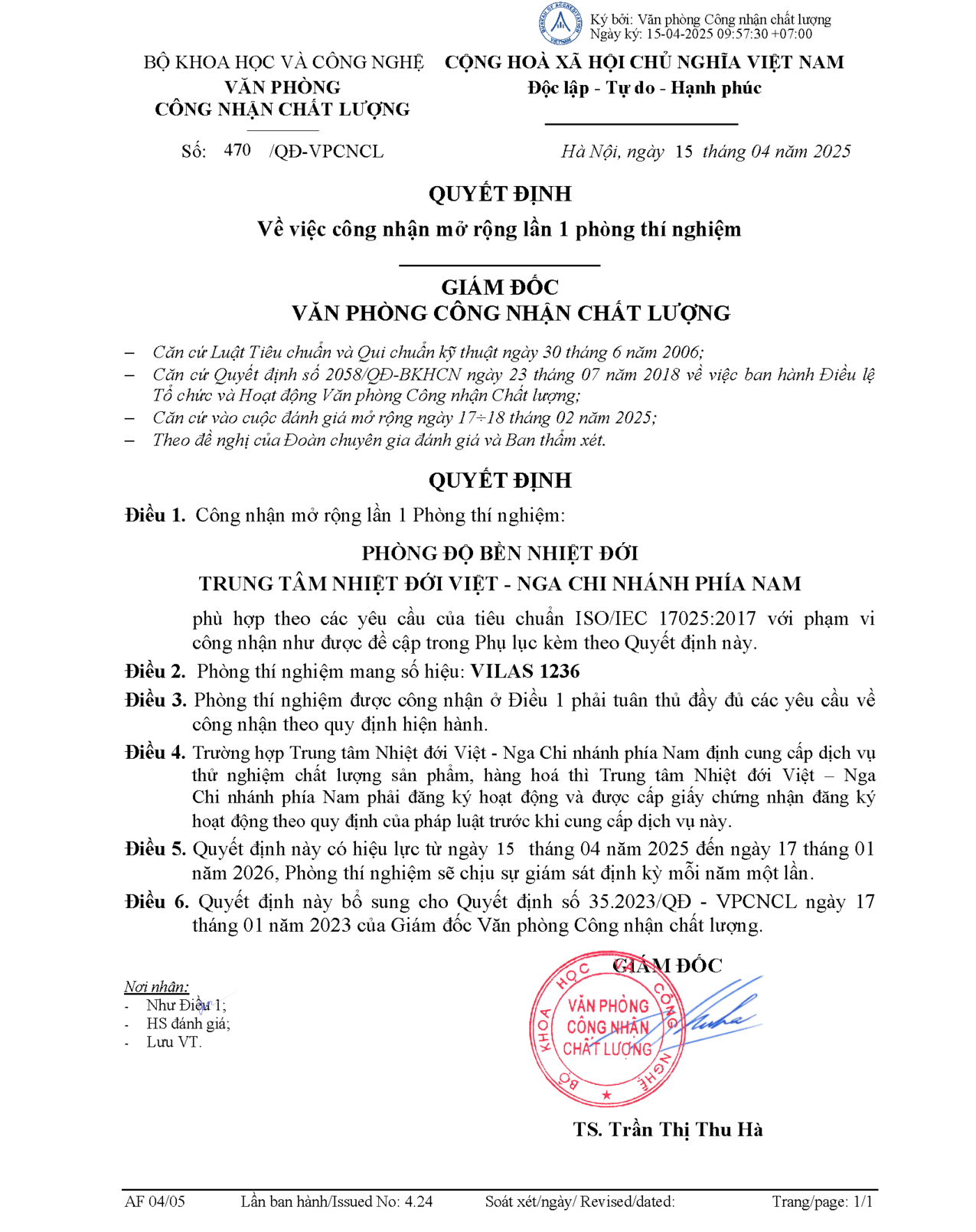 Phòng thí nghiệm Chi nhánh Phía Nam/Trung tâm Nhiệt đới  Việt - Nga mở rộng phạm vi công nhận năng lực thử nghiệm theo tiêu chuẩn ISO/IEC 17025:2017