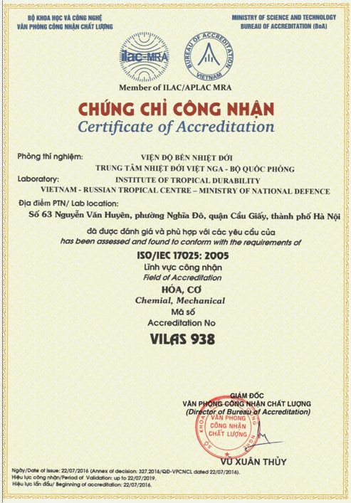 Viện Độ bền Nhiệt đới nhận Quyết định và Chứng chỉ công nhận ISO/IEC 17025:2005